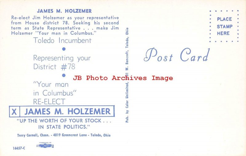 Politcal Advertising Postcard, James M Holzemer State Representative Ohio