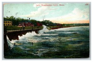 Vintage 1909 Postcard Surf Crashing at the Breakwater Lynn Massachusetts
