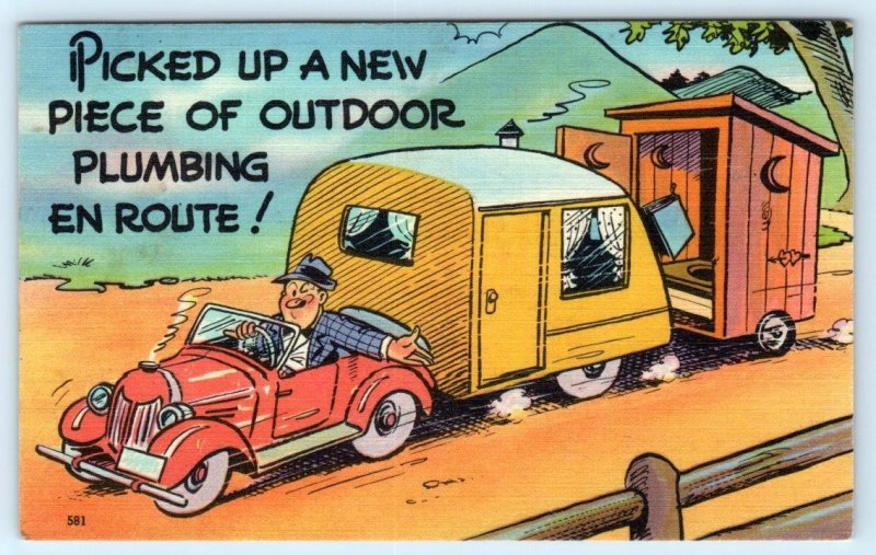 3 Postcards TRAILER COMICS ~ Risque & Outhouse Humor ca 1940s Linens