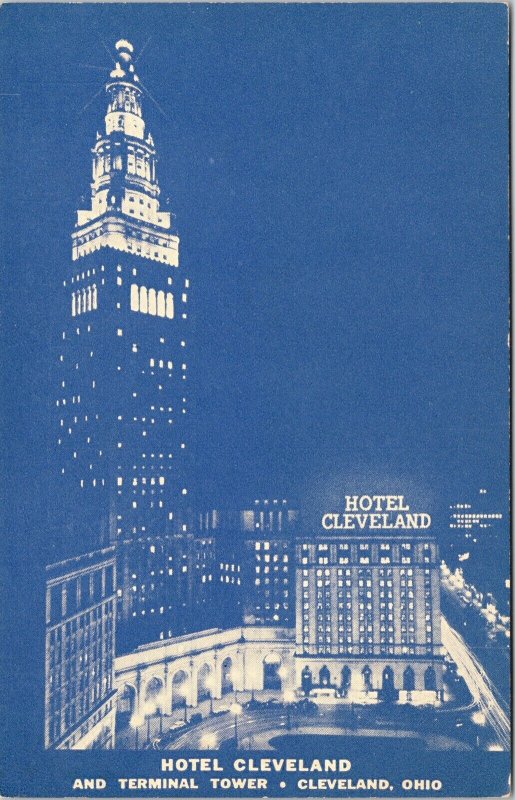 Hotel Cleveland Ohio OH Terminal Tower Night View Postcard UNP VTG DB Unused 