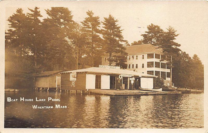 Wrentham MA Boat House Lake Pearl Gasoline Boat Rentals RPPC Postcard