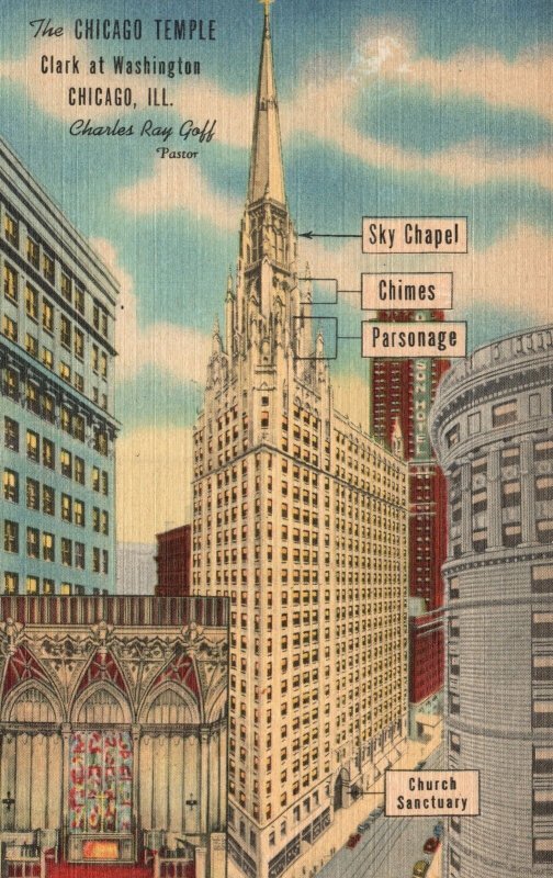 Vintage Postcard 1930's The Chicago Temple Clark at Washington Chicago Illinois