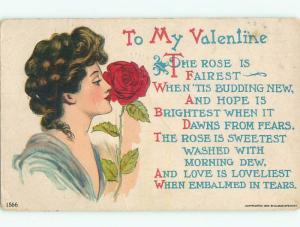 Pre-Linen valentine PRETTY ART NOUVEAU GIRL SMELLS RED ROSE FLOWER W6861