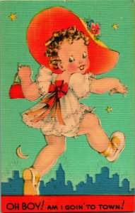 Comic Adorable Child Little Girl Oh Boy Goin' To Town Linen Postcard UNP Unused