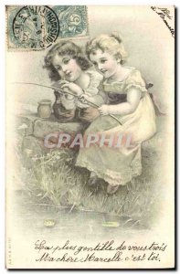 Postcard Old Fisherman Fishing Children