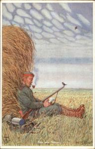 German Soldier Nap Sleeps in Field Reading Letter - GunFERN VOM SCHUSS HS Bris