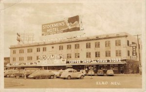 RPPC STOCKMEN'S HOTEL Elko, NV Drug Store, Casino Roadside 1953 Vintage Postcard