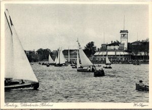 CONTINENTAL SIZE POSTCARD SAILING ON THE HARBOR AT HAMBURG GERMANY c. 1920's