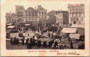 Netherlands Markt Op Marktdag Middelburg Vintage Postcard C217