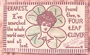 1907 ROMANCE BEAUTIFUL LADY FOUR LEAF CLOVER WATERTOWN WI LEATHER POSTCARD P2538