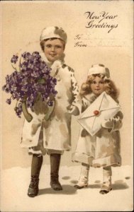 New Year Int'l Art Little Girl and Boy Children c1910 Vintage Postcard