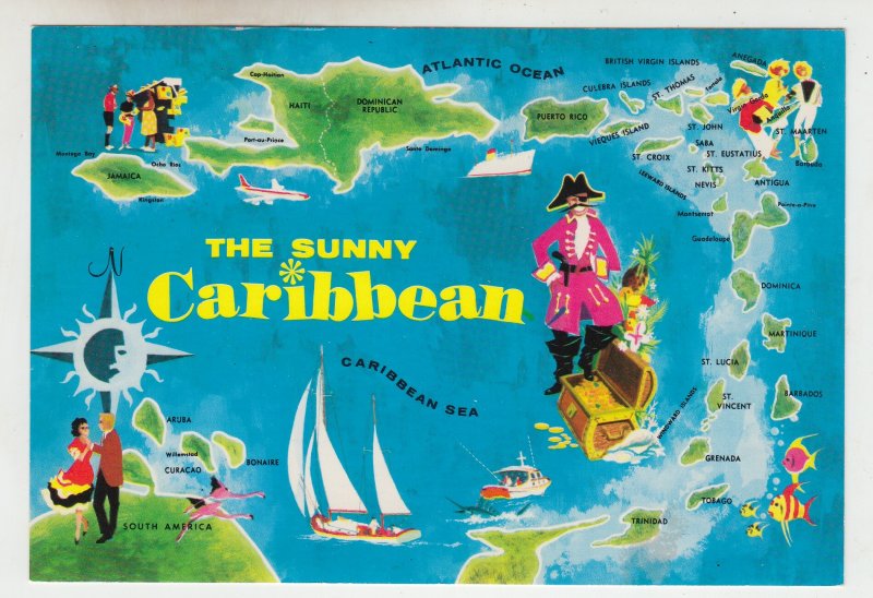 P2337, vintage postcard map of sunny caribbeah with pirate & treasure chest