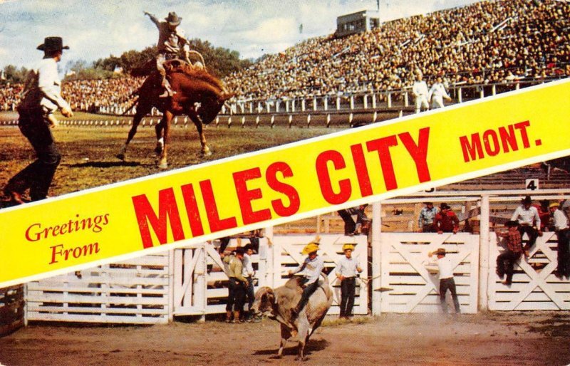 Montana MILES CITY Banner Greetings Horses Rodeo Round-Up Cowboys Postcard 1950s