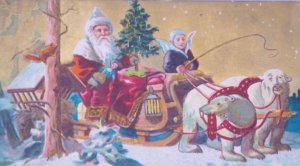 Santa Claus Orange Robe Bears Sleigh Angel Antique Vintage Christmas Postcard