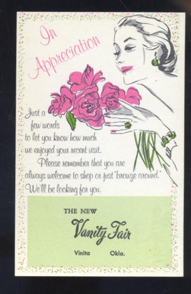 VINITA OKLAHOMA VANITY FAIR STORE ROUTE 66 VINTAGE ADVERTISING POSTCARD OK.