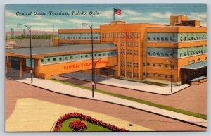 Toledo Ohio~Central Union Railroad Terminal Bldg~US Flag~1940s Linen Postcard