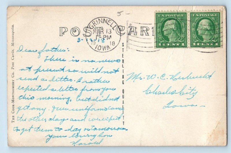 Grinnell Iowa IA Postcard RPPC Photo Post Office Building Scene Street 1918