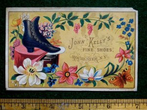 1880s Lovely John Kelly's Fine Shoes Butterfly Floral Victorian Trade Card F25