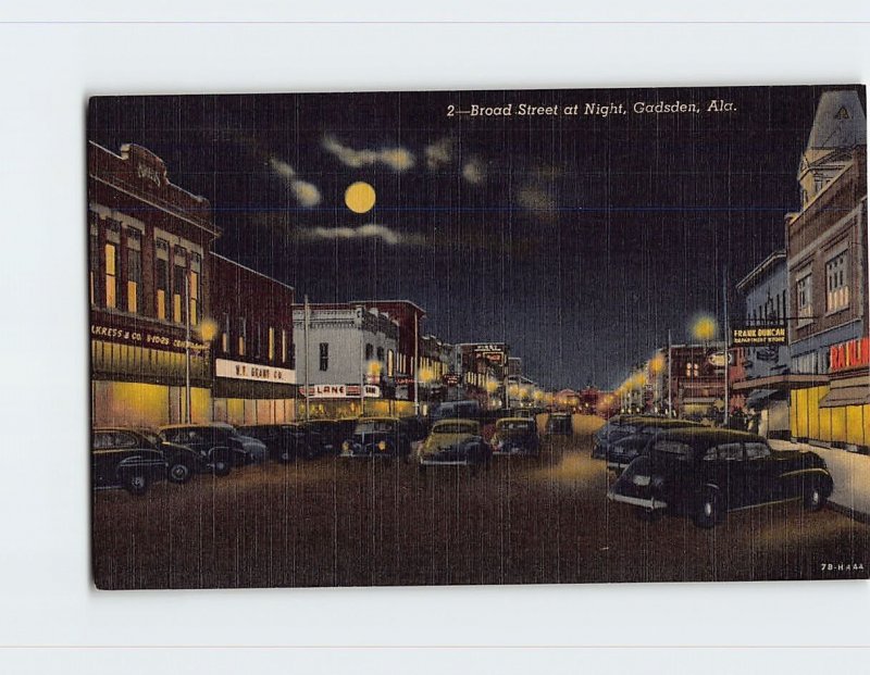 Postcard Broad Street at Night, Gadsden, Alabama