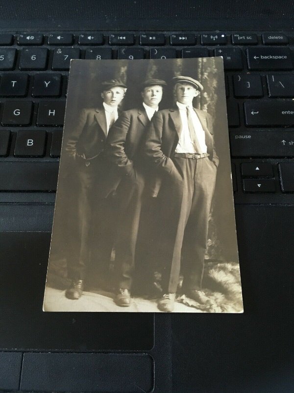 Antique Photo Postcard RPPC-  3 Strapping Young Lads Boys in Suits
