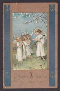 Germany vintage postcard angels lilies blossom trees New Year greetings