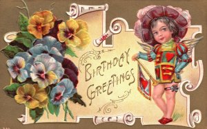 Happy Birthday Greetings Victorian Little Boy & Flowers ​Vintage Postcard 1910