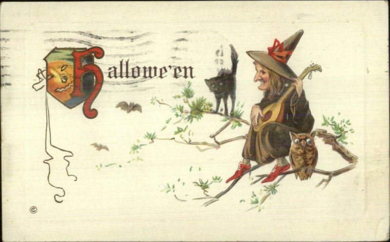 Halloween Witch in Tree Playing Guitar Black Cat Stecher 332C Postcard