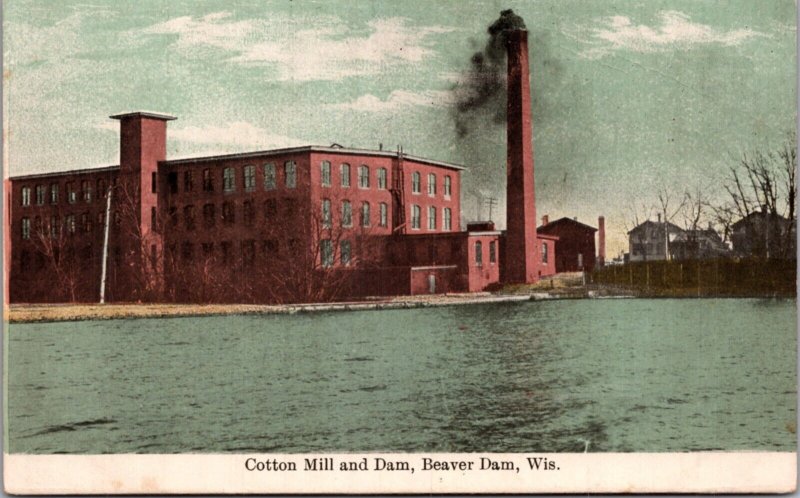 Postcard Cotton Mill and Dam in Beaver Dam, Wisconsin