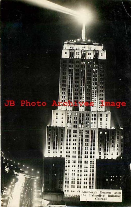 IL, Chicago, Illinois, RPPC, Palmolive Building, Lindbergh Beacon, Night Scene