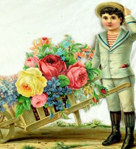 1880's Lovely Large Die Cut Boy w/ Wheel Barrel Full Of Flowers 8 1/2 X 9 &D