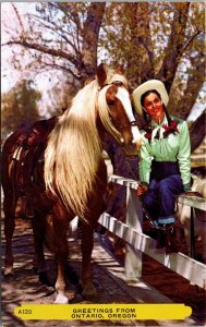 Greetings from Ontario Oregon Postcard Girl with Palomino Horse