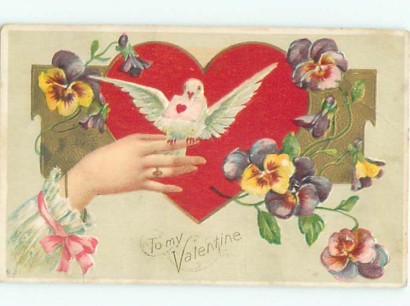 Pre-Linen WHITE DOVE BIRD SITTING ON FINGER OF WOMAN AC5546