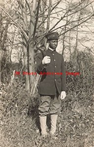 Black Americana, RPPC, Soldier with Rifle, 1st Infantry Regiment Pin on Hat