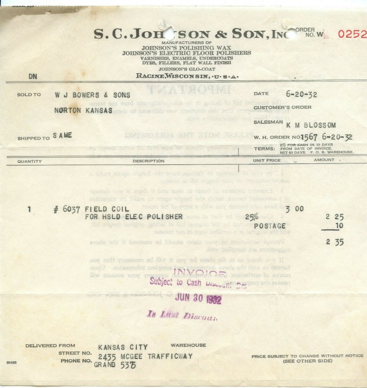 S. C. Johnson & Son Inc. Racine Wisconsin Vintage 6-20-32 Invoice 