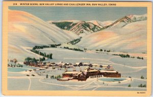 c1940s Sun Valley, ID Winter Birds Eye Lodge Challenger Inn Linen PC Snowy A291