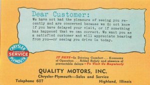 Highland Illinois 1940s advertising Chrysler Plymouth Auto Postcard 21-5723