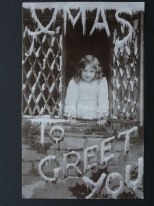 Christmas Greeting To You CHILD AT FROSTY WINDOW c1905 RP Postcard by B.B. 1100