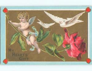 Pre-Linen valentine WHITE DOVE BIRDS WITH CUPID AND ROSE FLOWER J0645