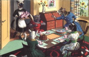 Fantasy Dressed Animals Cats Dining Room Cake Tea Mainzer Vintage Postcard