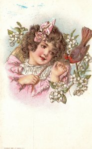 Vintage Postcard 1910's Portrait of Beautiful Little Girl Curly Hair & Bird Art