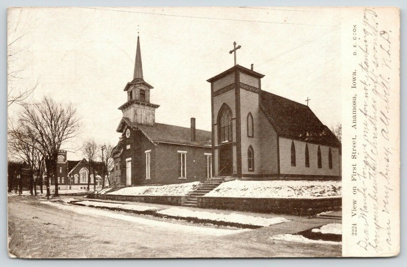 Anamosa Iowa~View on First Street~3 Churches in a Row~Winter Snow~1906 B&W PC 