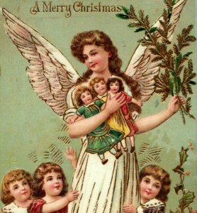 1911 Beautiful Christmas Angel with Children & Dolls Gold Gilt Antique Postcard 