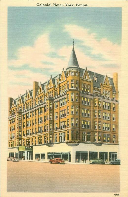 York, Pennsylvania PA Colonial Hotel in Continental Square Postcard, Old Cars