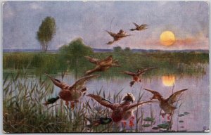 1908 Ducks In Flight Over Lake Posted Postcard