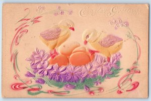 1909 Easter Greetings Little Chicks And Eggs Flowers Embossed Normal IL Postcard