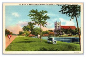 Scene on Ward Parkway Kansas City Missouri MO UNP Linen Postcard W20