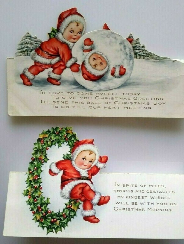 Christmas Postcard Lot Of 2 Diecut Whitney Child Santa Rolling In Giant Snowball