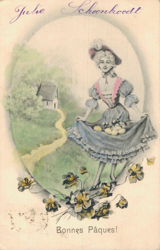 Happy Easter Lady And Flowers Hand Tinted 04.76