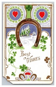 Vintage Postcard Best Wishes Good Luck Horseshoe Hearts Four Leaf Clover
