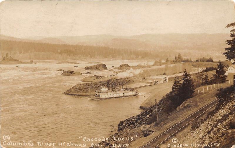 Columbia River Highway Oregon~Ship Exits Cascade Locks~RR Tracks~1930s RPPC